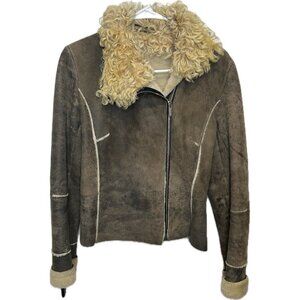 Vintage Women's Shearling Leather Aviator Jacket Moto Biker Bomber Brown Suede S